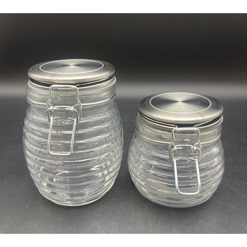 VTG‎ CLEAR GLASS Beehive Canisters W/ Aluminum Lids Set Of 2 EUC